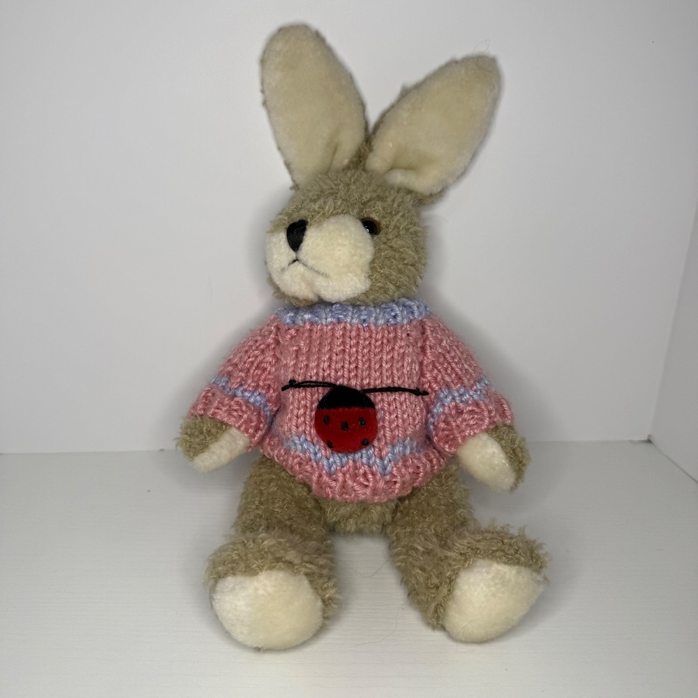 Vintage 1999 Hugfun International Bunny Rabbit Plush Pink Ladybug Sweater 10in
